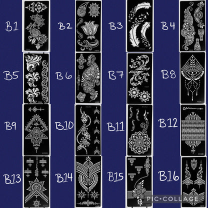 Styles B-Stencils for Henna, Jagua, Glitter, Air Brush Temporary Tattoos | Mehndi Stencils