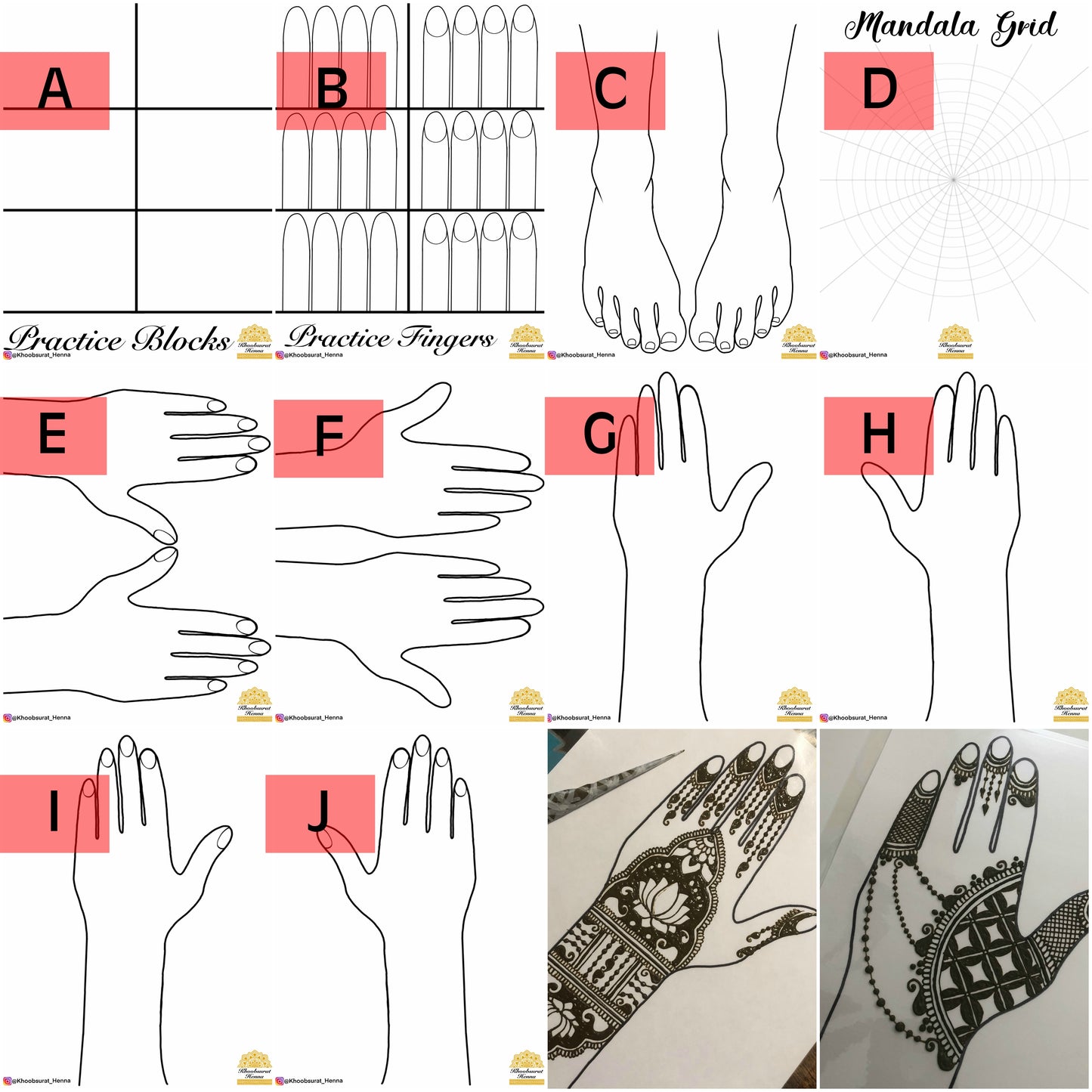 Henna Practice Sheets PDF File (Digital Download Only) 10 Styles to choose from | Henna Practice Hands, Feet, Mandala, Fingers, Grids, Board